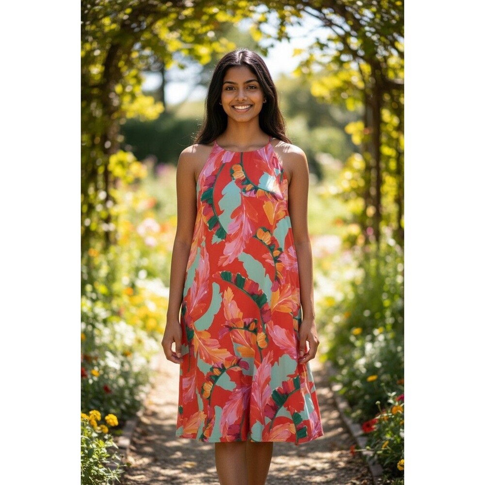 NWT Chico’s Botanic Berry Red Floral Foliage Tie Back Trapeze Midi Dress Sz L/12
